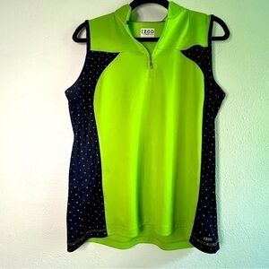 IZOD sleeveless neon green/navy blue golf shirt, front zipper. Sz L. Preowned.